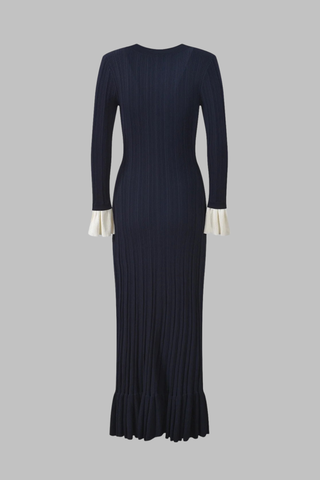 Ribbed Knit Mid-Long Dress with Contrast Pleated Cuffs and Button Front