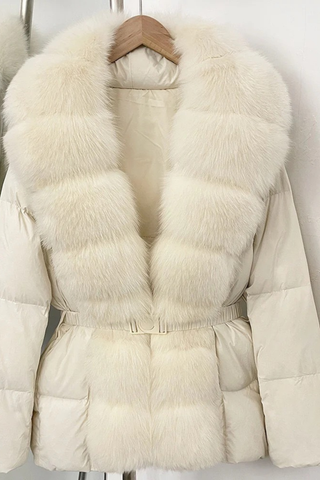 Belted Puffer Jacket with Faux Fox Fur Collar and Front Panel