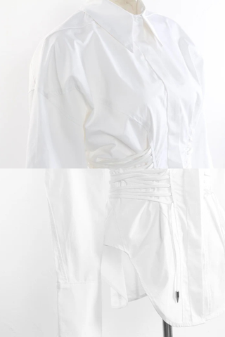 Long Sleeve Corset Waist Button-Up Shirt Dress with Adjustable Lace-Up Design