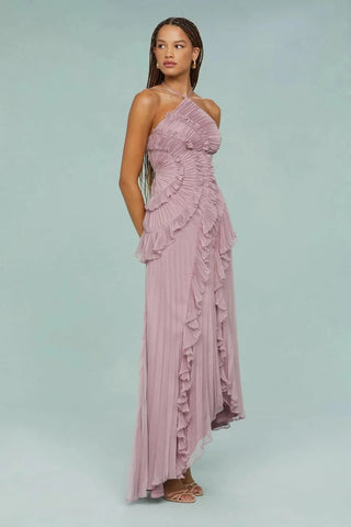 Halter Neck Pleated Ruffle Long Dress