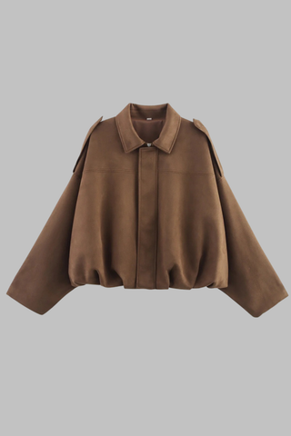 Oversized Faux Suede Jacket with Shoulder Flap Detail and Elastic Hem