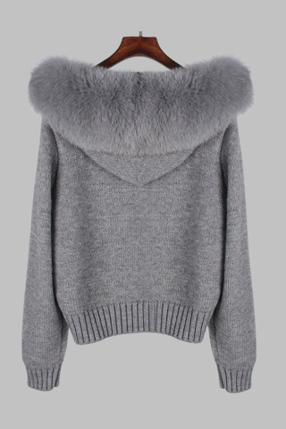 Faux Fur Trimmed Knitted Hooded Cardigan