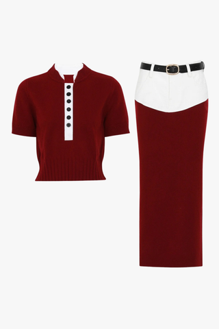 Chic Knit Contrast Panel Top & Midi Skirt Set