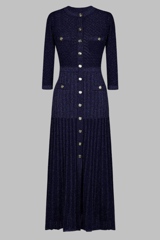 Shimmer Knit Mid-Long Dress with Three-Quarter Sleeves and Front Buttons