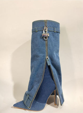 Denim Knee High Pointed Toe Stiletto Boots with Zipper Detail