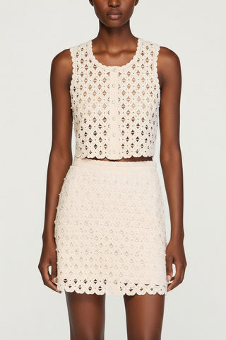 Sleeveless Pearl Floral Knit Top & Mini Skirt Set
