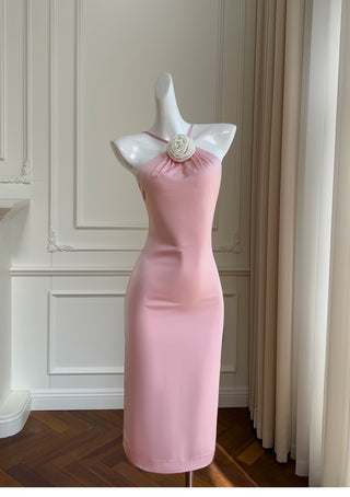 Halter Neck Satin Midi Dress with Floral Detail