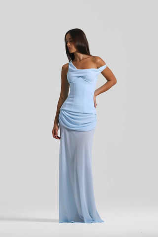 Draped Asymmetric Mesh Long Dress