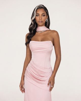 Satin Draped Corset Long Dress with Scarf – Elegant Strapless Design