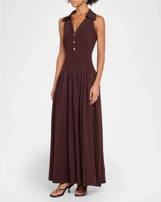 Ribbed Knit Sleeveless Collared V-Neck Long Dress with Gold Buttons & Flared Skirt
