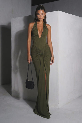 Halter Neck Corset Sleeveless Long Dress with Draped Slit