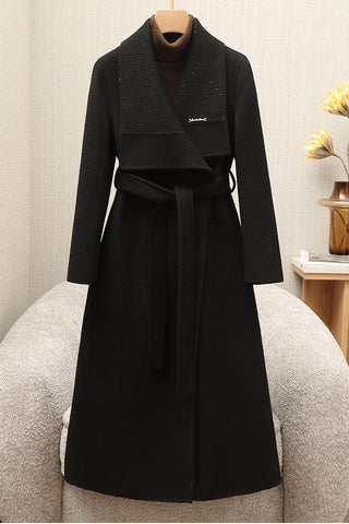 Soft Wool Blend Belted Wrap Long Coat with Wide Collar