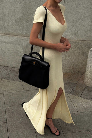 Ribbed Knit Sculpted Panel Short Sleeve Long  Dress