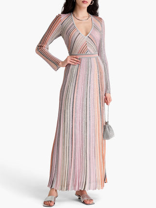 Metallic Striped Knit Maxi Dress with V-Neck and Long Sleeves