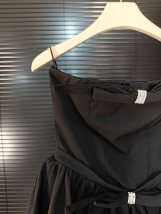 Bow-Detail Strapless Mini Romper with Flounce Skirt Overlay