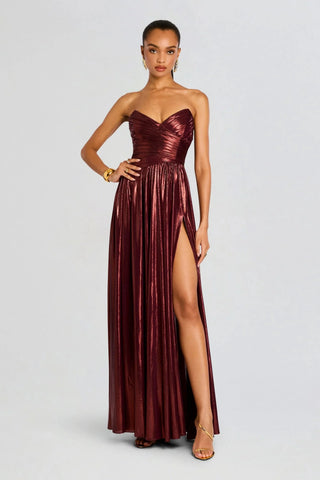 Strapless Metallic Pleated Long Dress with High Slit