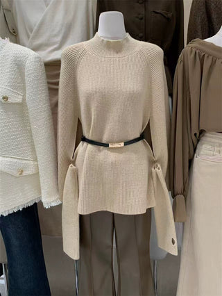 High-Neck Ribbed Knit Sweater with Cape-Style Sleeves