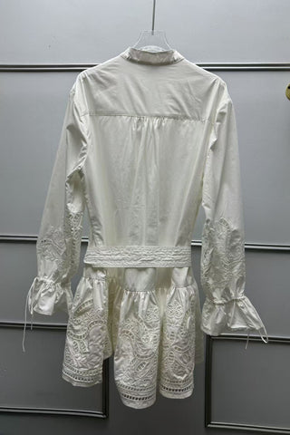 Embroidered Tie-Waist Ruffle Long Sleeve Mini Dress