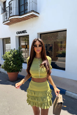 Pearl Button Knit Ruffle Co-Ord Set – Short Sleeve Crop Top & Mini Skirt