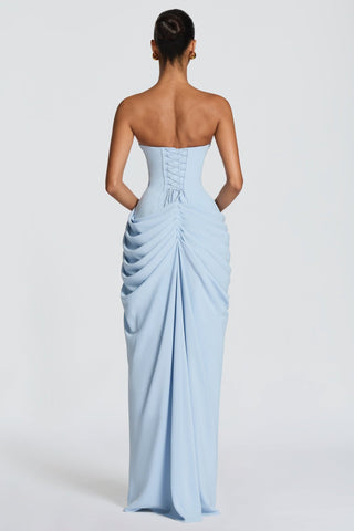 Strapless Ruched Long Dress with Lace-Up Back & High Slit