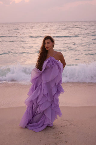 Floral Ruffle Organza Long Dress with Halter Neck