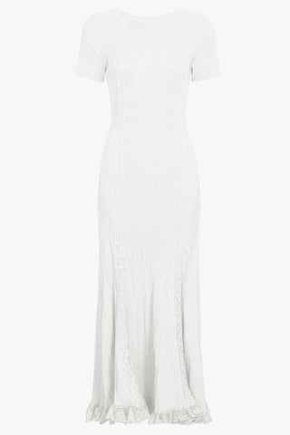 Ribbed Knit Round Neck Short Sleeve Long Dress with Lace Panels & Ruffle Hem