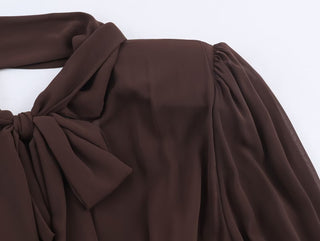 Long Sleeve Tie-Neck Mini Dress in Structured Woven Fabric