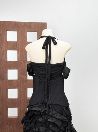 Corset Halter Asymmetric Ruffle Long Dress with Lace-Up Back
