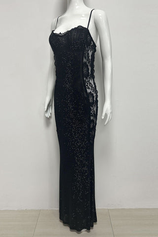 Sequin Lace Corset Long Dress – Spaghetti Strap Evening Gown