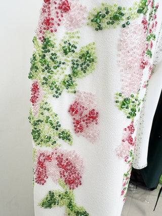 Floral Beaded Long Sleeve Long Dress with Crystal Embellishment