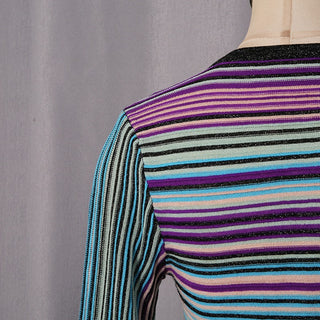 Metallic Striped Knit Maxi Dress with V-Neck and Long Sleeves