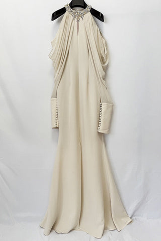 Crystal Embellished Halter Neck Draped Cold Shoulder Mermaid Long Dress