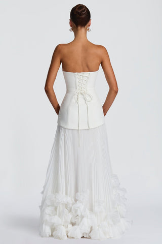 Strapless Lace-Up Corset Long Dress with Pleated Skirt and 3D Floral Trim