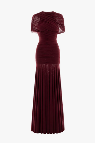 Ruched Off-Shoulder Long Dress – Draped Top & Flowing Skirt