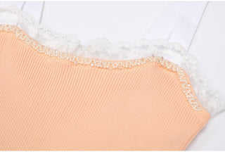 Lace Trim Ribbed Knit Long Dress