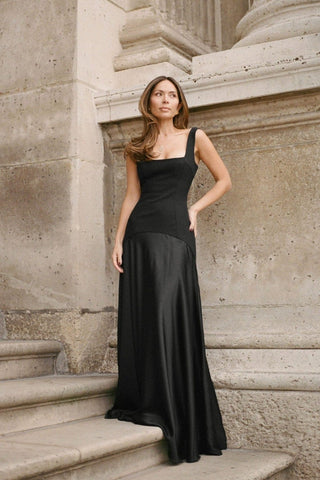 Square Neck Fitted Bodice Long Dress with Flared Satin Skirt