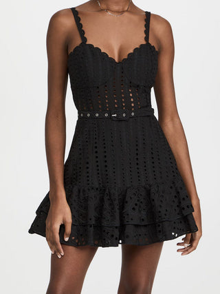 Embroidered Sleeveless Belted Mini Dress