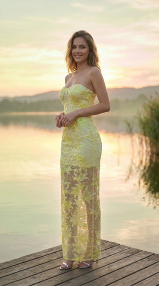 Elegant Strapless Floral Lace Embroidered Long Dress with Sequin Detail
