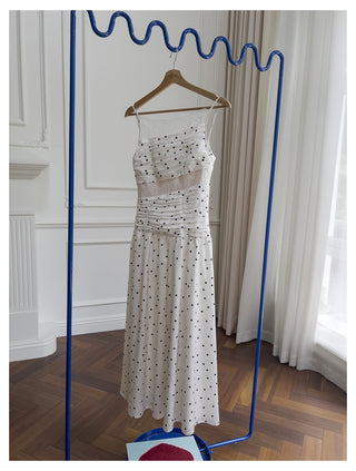 Polka Dot Lace Panel Ruched Midi Dress