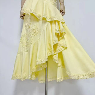 Strapless Lace Appliqué Crop Top & Tiered Asymmetric Long Skirt Set