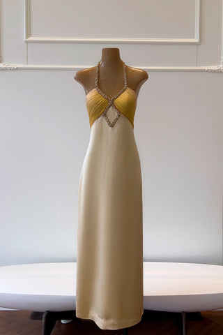 Satin Halter Long Dress with Crystal Detail Sleeveless
