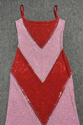 Rhinestone Embellished Colorblock Long Dress with Thin Straps