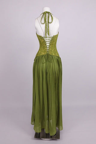Lace Corset Halter Neck Pleated Long Dress with Lace-Up Back