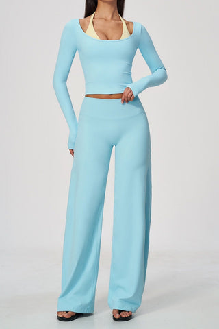 Scoop Neck Long Sleeve Top & Wide-Leg Pants Set