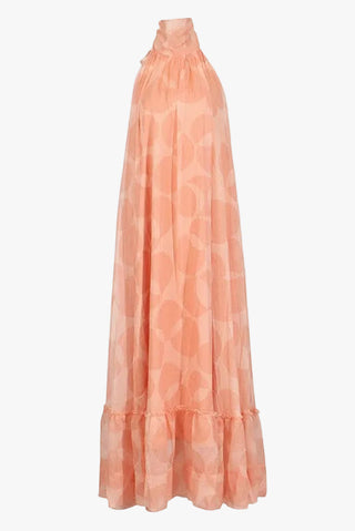 Sleeveless Halter Neck Open-Back Printed Chiffon Long Dress with Ruffle Hem
