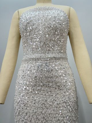 Pearl & Sequin Embellished Strapless Corset Long Dress