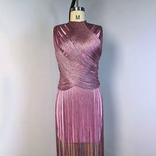 Metallic Fringe High Neck Sleeveless Long Dress