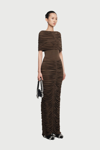 Velvet Ruched Cape Shoulder Short Sleeve Long Dress