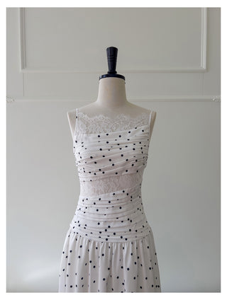 Polka Dot Lace Panel Ruched Midi Dress