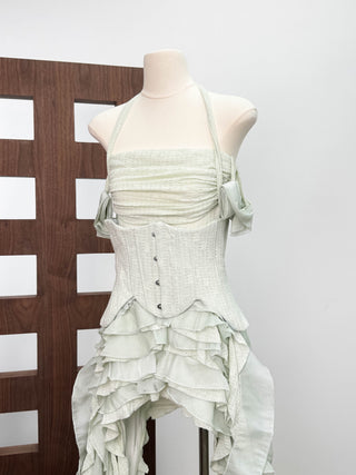 Corset Halter Asymmetric Ruffle Long Dress with Lace-Up Back